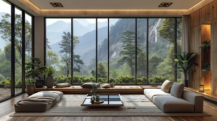 Modern Living Room Interior Design with Mountain View Background