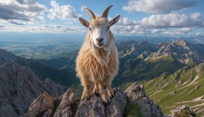 Unwavering Perseverance A Majestic Mountain Goat Displays Remarkable Endurance and Durability While Standing on a Precarious Clifftop, Embodying Strength and Resilience Against the Dramatic Backdrop