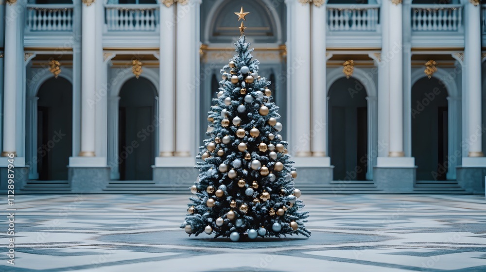 Poster a clean christmas tree adorned with monochromatic baubles, standing in a courtyard with symmetrical 