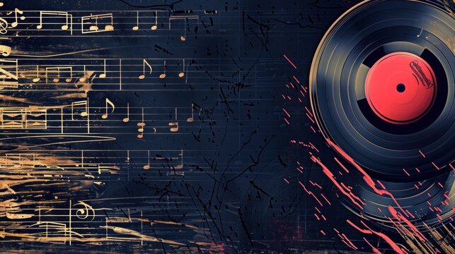 Music background with vinyl record and musical notes.