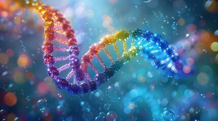 Elegant spiral of rainbow DNA double helix with light bokeh and bubbles, creating a serene blue scene