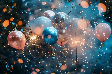 Festive balloons with sparklers and confetti against a dark background.