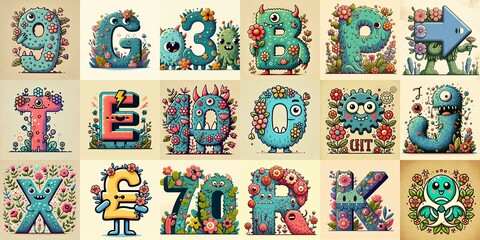 Naklejka premium Cartoon Flowers Monster Lettering Typeface. AI generated illustration