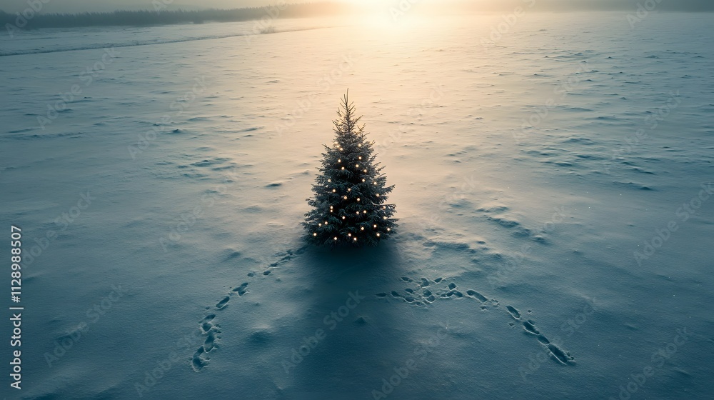 Poster A drone's view of a snow-covered plain with a single Christmas tree decorated with minimal lights, surrounded by subtle footprints. Cinematic Scene 4k resolution, cinematic scene
