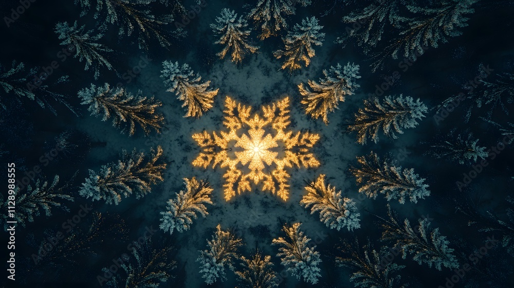 Poster an abstract arrangement of tiny christmas trees forming a symmetrical star pattern, captured from ab