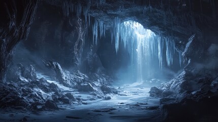 A mesmerizing view of ice-covered rocks and frozen waterfalls inside a cave, with subtle lighting highlighting their translucent beauty