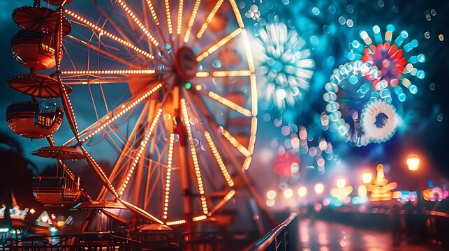 Illuminated Ferris wheel and fireworks at night amusement park. - Powered by Adobe