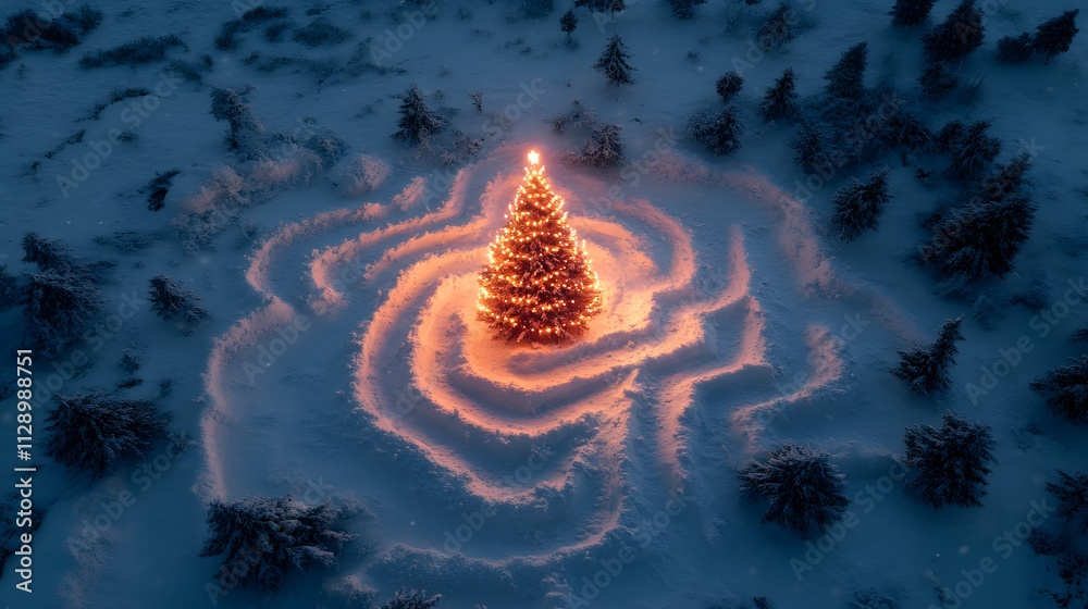 Poster an artistic aerial capture of a christmas tree surrounded by a unique snow maze, its soft glow contr