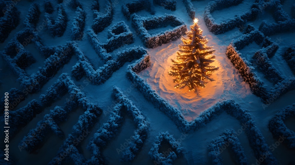 Poster an artistic aerial capture of a christmas tree surrounded by a unique snow maze, its soft glow contr