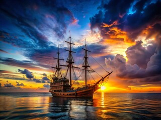 Obraz premium Enchanting Low Light Photography of an Antique Pirate Ship on the Ocean - A Nautical Galleon Captured in Vintage Maritime Style at Dusk with Dramatic Shadows and Serene Waves
