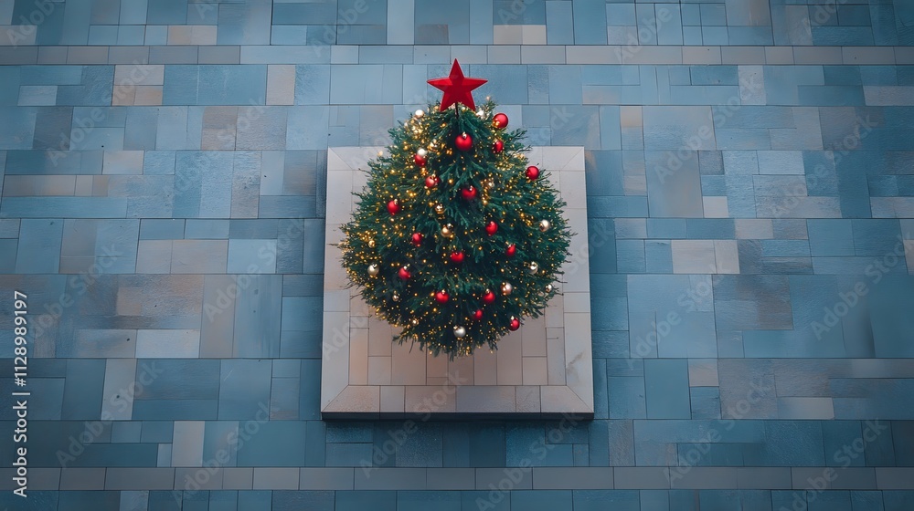 Poster a christmas tree with minimalist ornaments placed on a polished stone platform in a modern urban set
