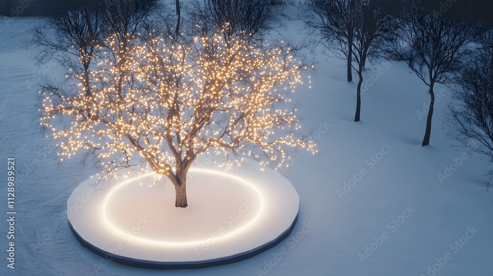 Poster a clean, modern tree with delicate string lights placed on a circular white floor in a snowy landsca