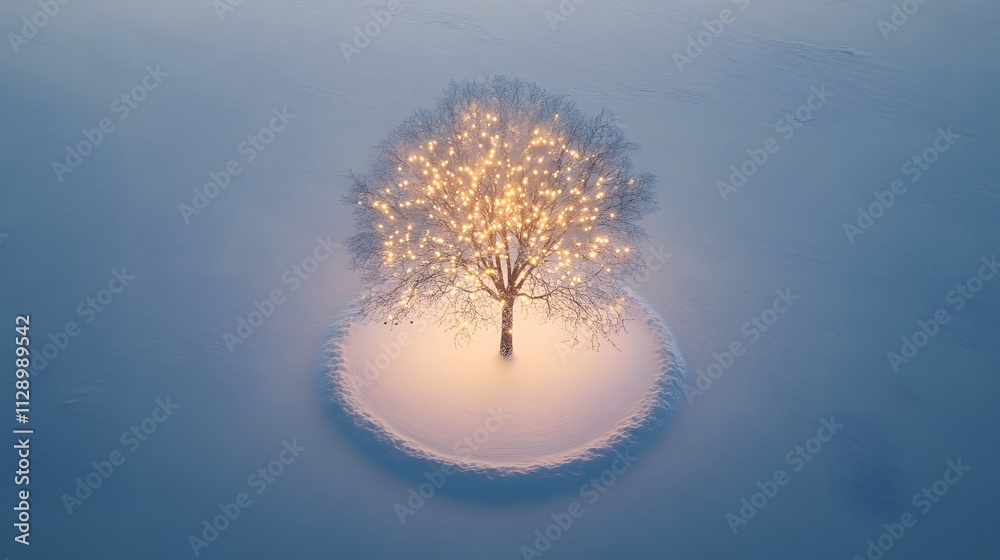 Poster a clean, modern tree with delicate string lights placed on a circular white floor in a snowy landsca