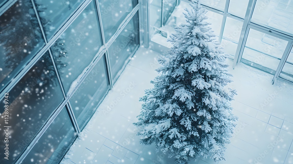 Aufkleber a clean and simple christmas tree placed in a modern glass-walled atrium, with snow visible through 