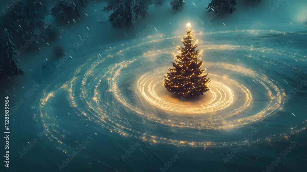 Poster a unique aerial composition of a christmas tree surrounded by light trails in the snow, forming abst