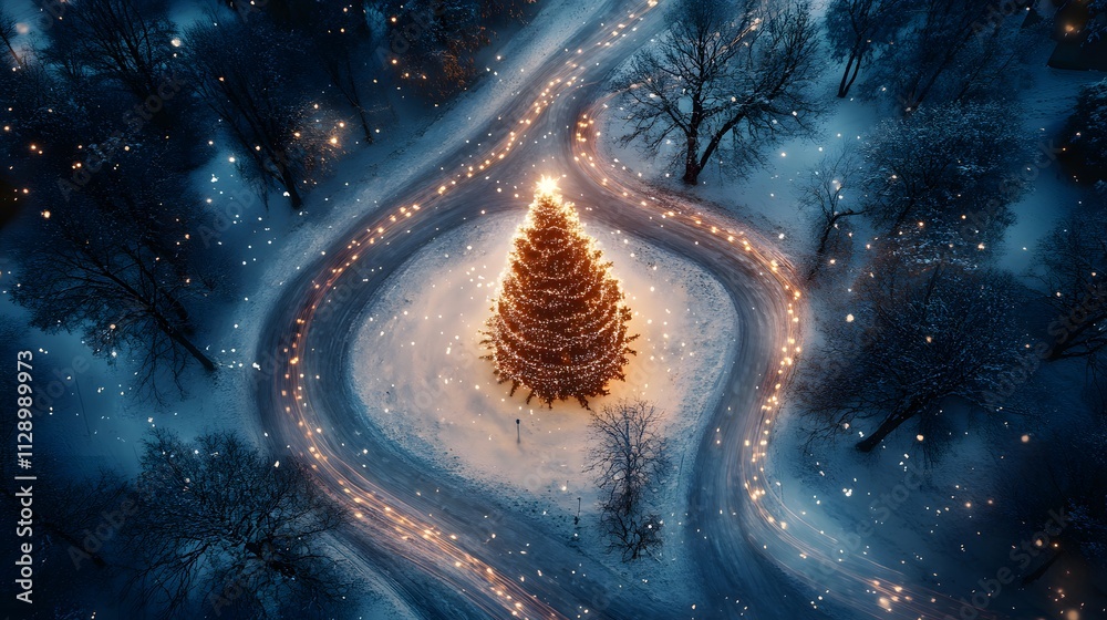 Poster a unique aerial composition of a christmas tree surrounded by light trails in the snow, forming abst