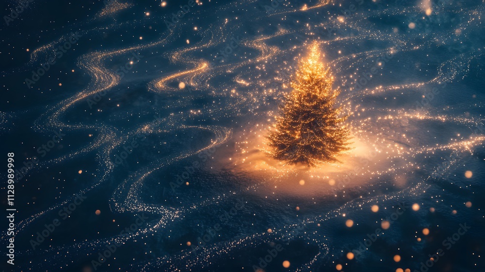 Poster a unique aerial composition of a christmas tree surrounded by light trails in the snow, forming abst