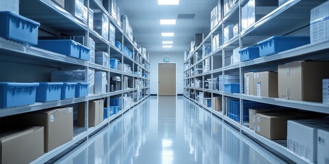 Sterile medical supply warehouse with organized shelves containing boxes and containers, showcasing healthcare logistics.