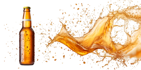 Cold Beer Bottle with Golden Liquid Splash on White Background