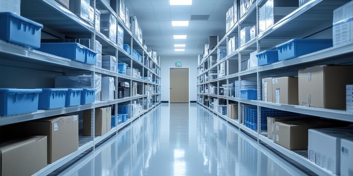 Sterile medical supply warehouse with organized shelves containing boxes and containers, showcasing healthcare logistics.