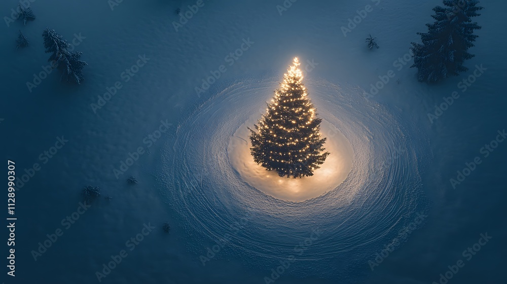 Poster a clean minimalist christmas tree with subtle glowing lights, placed in the center of a snow-covered
