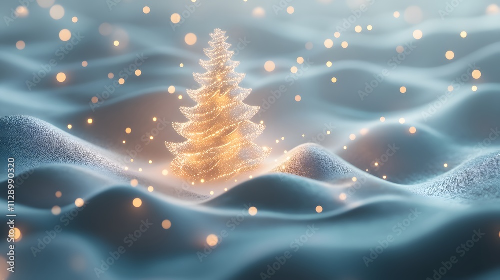 Poster aerial view of a christmas tree surrounded by angular snow trails, with tiny glowing ornaments highl