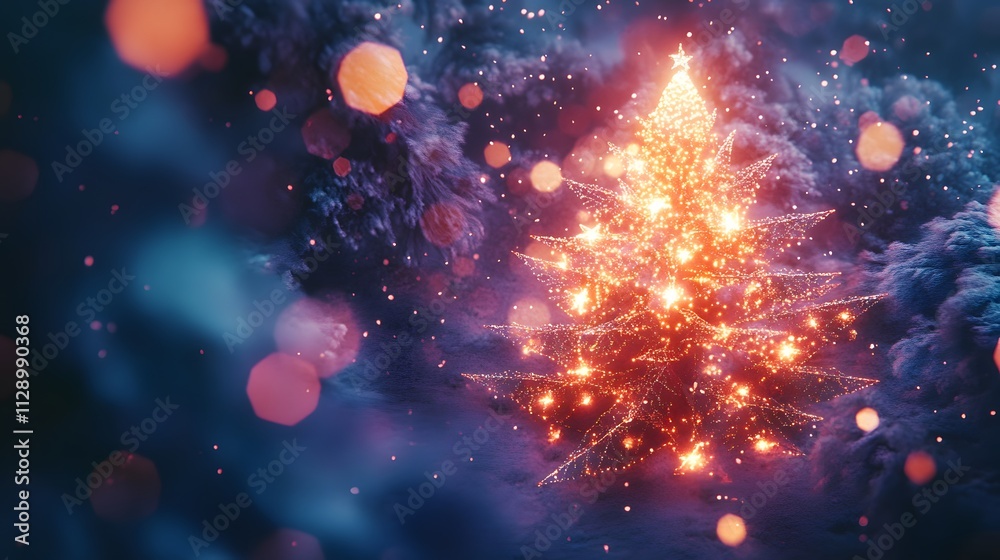 Poster Aerial view of a Christmas tree surrounded by angular snow trails, with tiny glowing ornaments highlighting its modern design. Cinematic Scene 4k resolution, cinematic scene