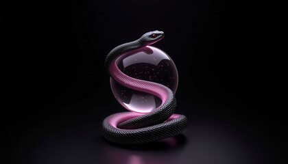 A snake is curled around a glass ball