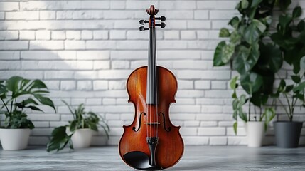 Fototapeta premium Violin against brick wall with plants.