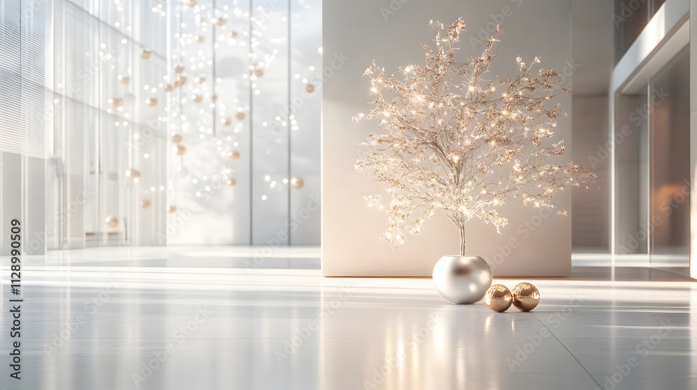 Poster a minimalist tree placed on a polished white floor in a modern open plaza, adorned with delicate lig