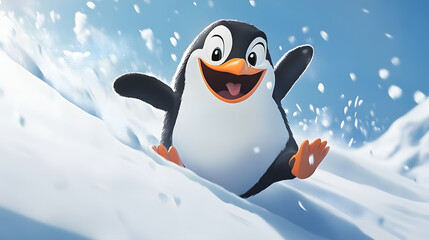 A cartoon penguin sliding on icy slopes with a big grin under a winter sky.