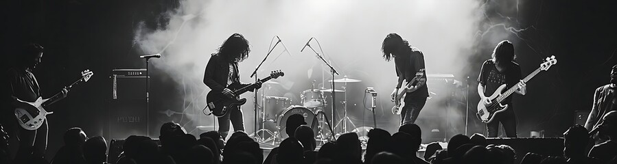 Black and white photo of a rock band performing on stage in front of a large crowd.