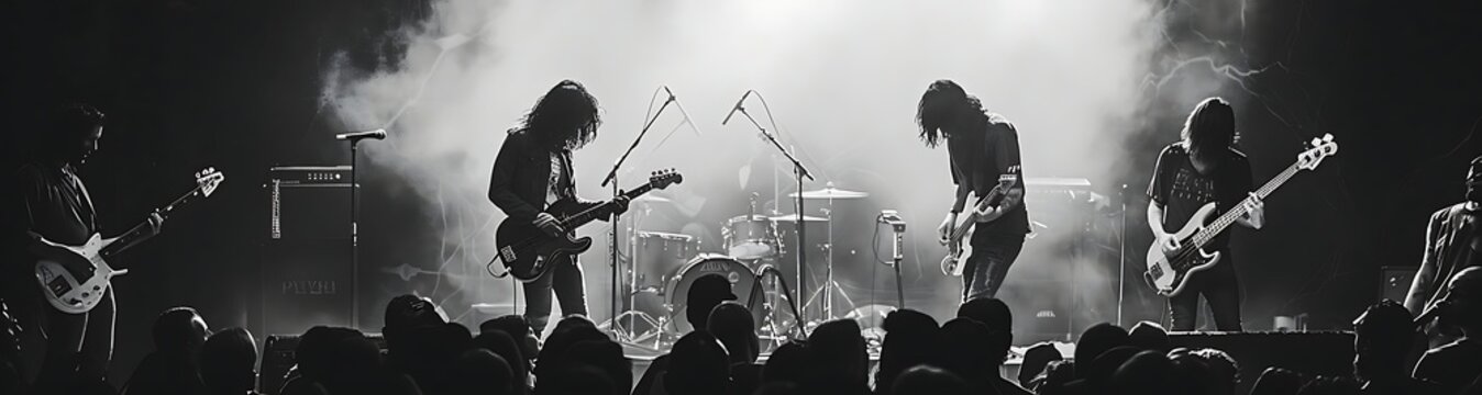 Black and white photo of a rock band performing on stage in front of a large crowd.