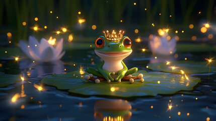 A charming 3D cartoon frog sitting on a lily pad with a crown surrounded by fireflies.
