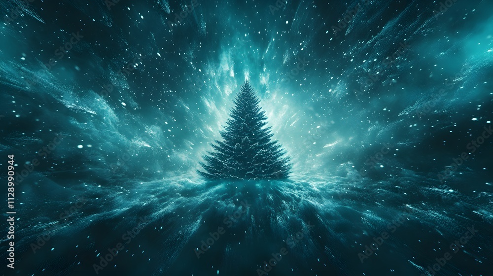 Poster a christmas tree with muted tones of blue and green, centered in an abstract snowy landscape with sh