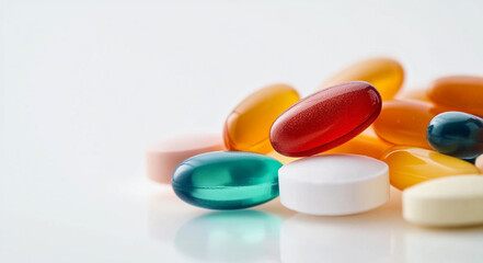 Colorful assortment of pills and capsules on white background, showcasing various shapes and sizes. vibrant colors create visually appealing composition