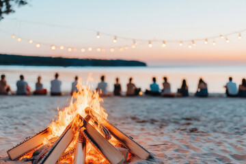 Bonfire at a February festival, people gathering under festive string lights, creating a cozy and communal atmosphere, February, Care Day