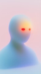 white glowing cyberpunk character silhouette meditating, featuring a human head made of particles or dots, with a red nose and red glowing particles to the forehead, meditating on a pink and blue grad