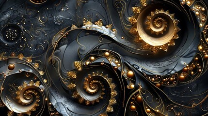 Abstract swirling gold and dark gray fractal art with spheres and spirals.