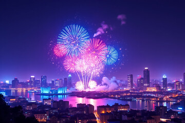Colorful Fireworks Display Over City Skyline at Night