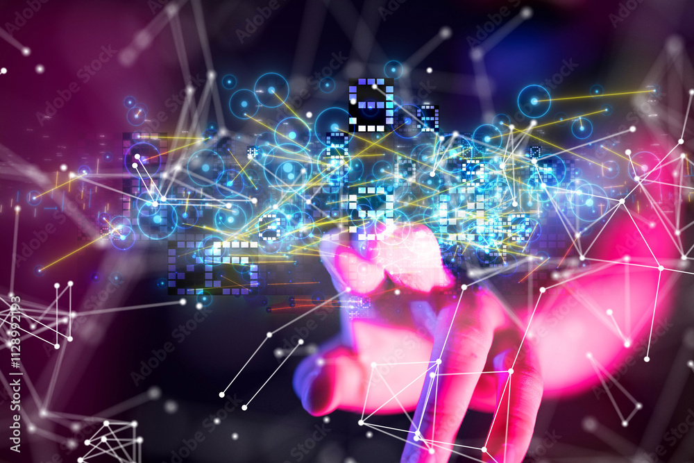 Poster Neural network 3D illustration. Big data and cybersecurity