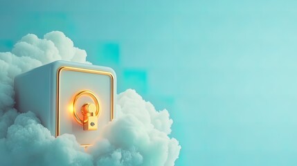 Cloud security concept  White digital vault with gold lock nestled in fluffy clouds against a teal background.