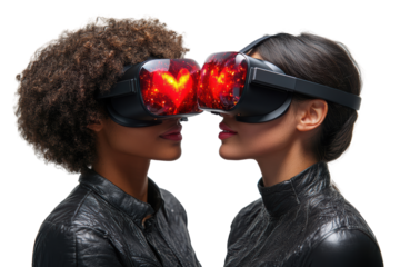 Two individuals with VR headsets sharing a futuristic experience, highlighting innovation and connection in virtual reality.