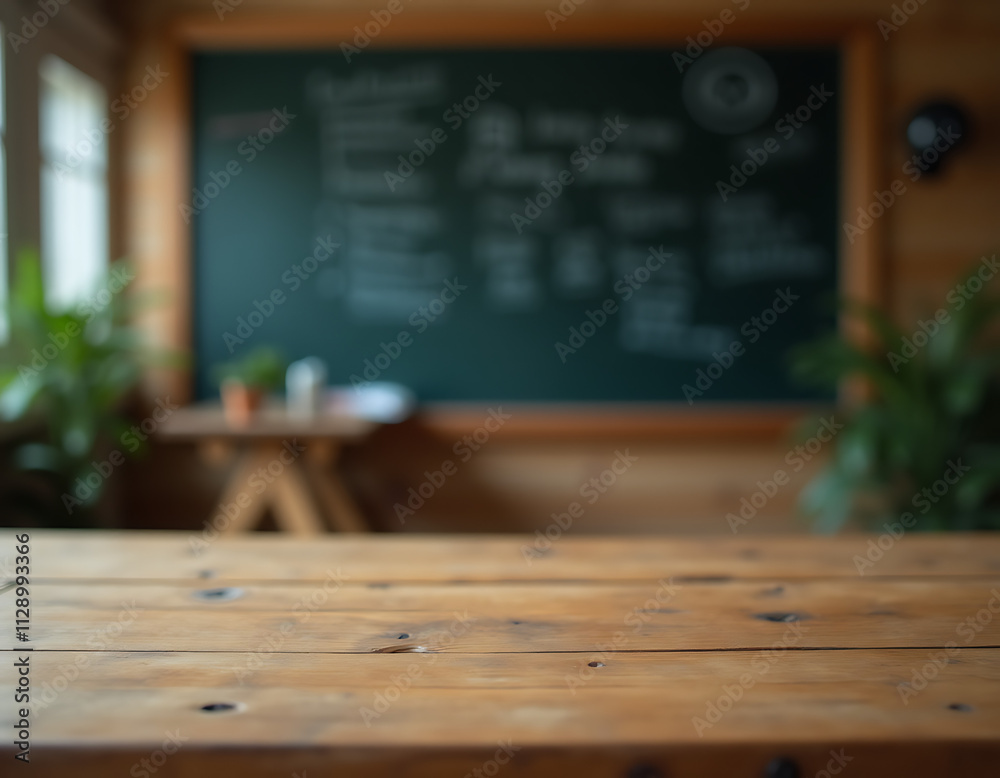 Poster Wooden tabletop is in sharp focus while a blurry blackboard with dark writing fills the blurred background space nearby._00001_