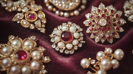 A collection of vintage brooches encrusted with pearls and rubies displayed on antique velvet.