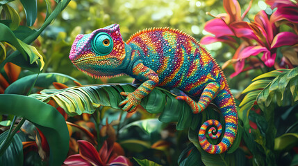 A colorful 3D cartoon chameleon blending into a tropical rainforest background.