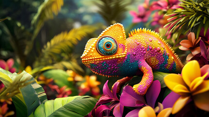 A colorful 3D cartoon chameleon blending into a tropical rainforest background.