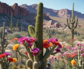 Scenic view of saguaro cactus with colorful flowers in bloom,  Tucson,  Southwest