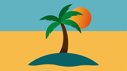Stylized coconut tree on an island with orange sun at the background