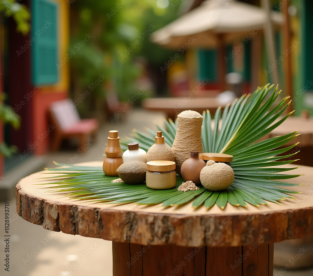 Poster wooden table with a natural product display on top of a palm leaf in a colorful and vibrant outdoor 